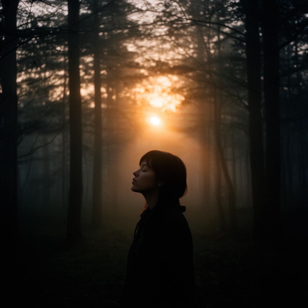A person standing still at the edge of a misty forest at dawn, eyes closed — a quiet moment of presence.