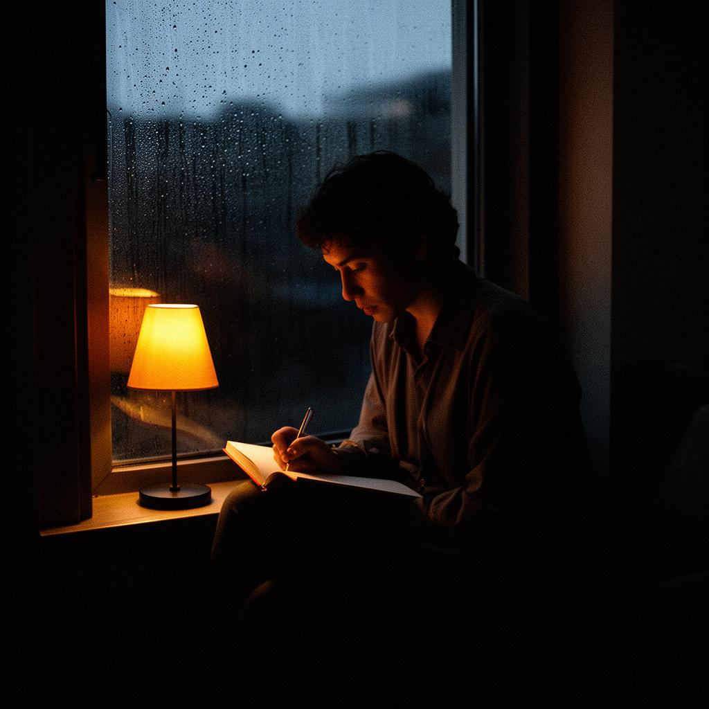 A person journaling by a rain-streaked window in warm amber lamp light — quiet reframing at dusk.