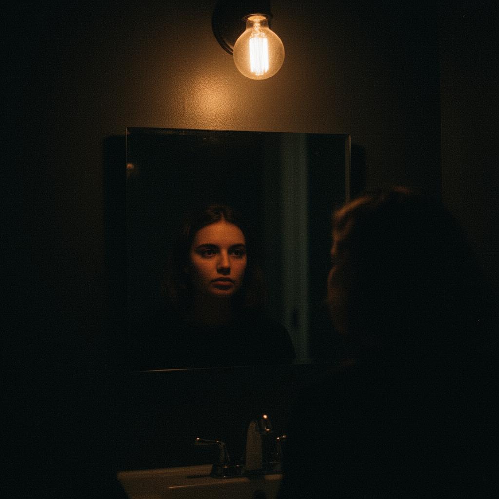 A calm, steady self-portrait in a dim bathroom mirror under a single warm bulb — quiet identity repair.