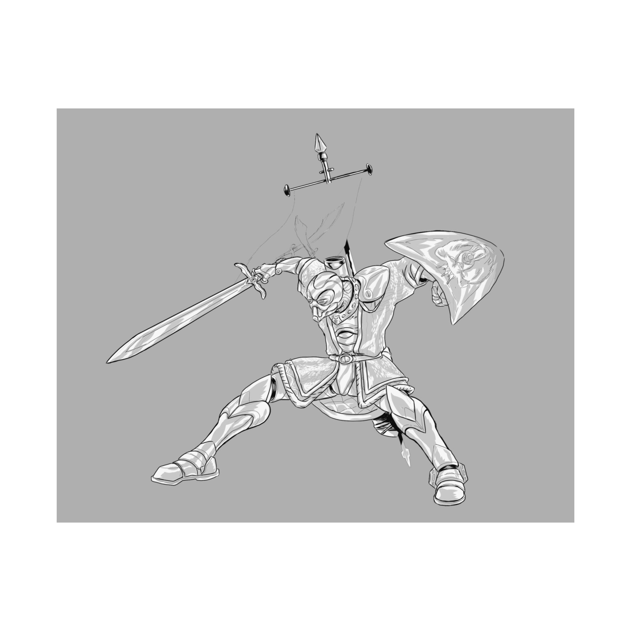 Mechanical Warrior Sketch Poster — Matte Horizontal Knight Sword & Shield Art Print