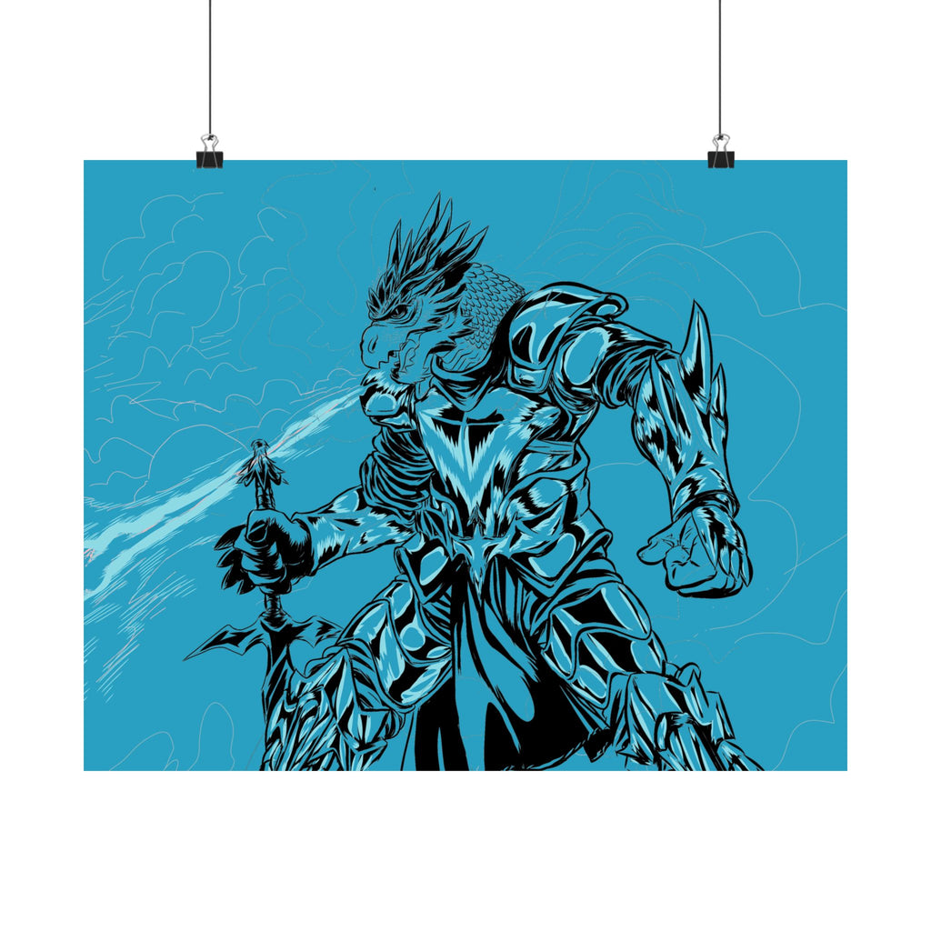 Dragonborne Warrior Matte Poster — Blue Fantasy Knight Art Print