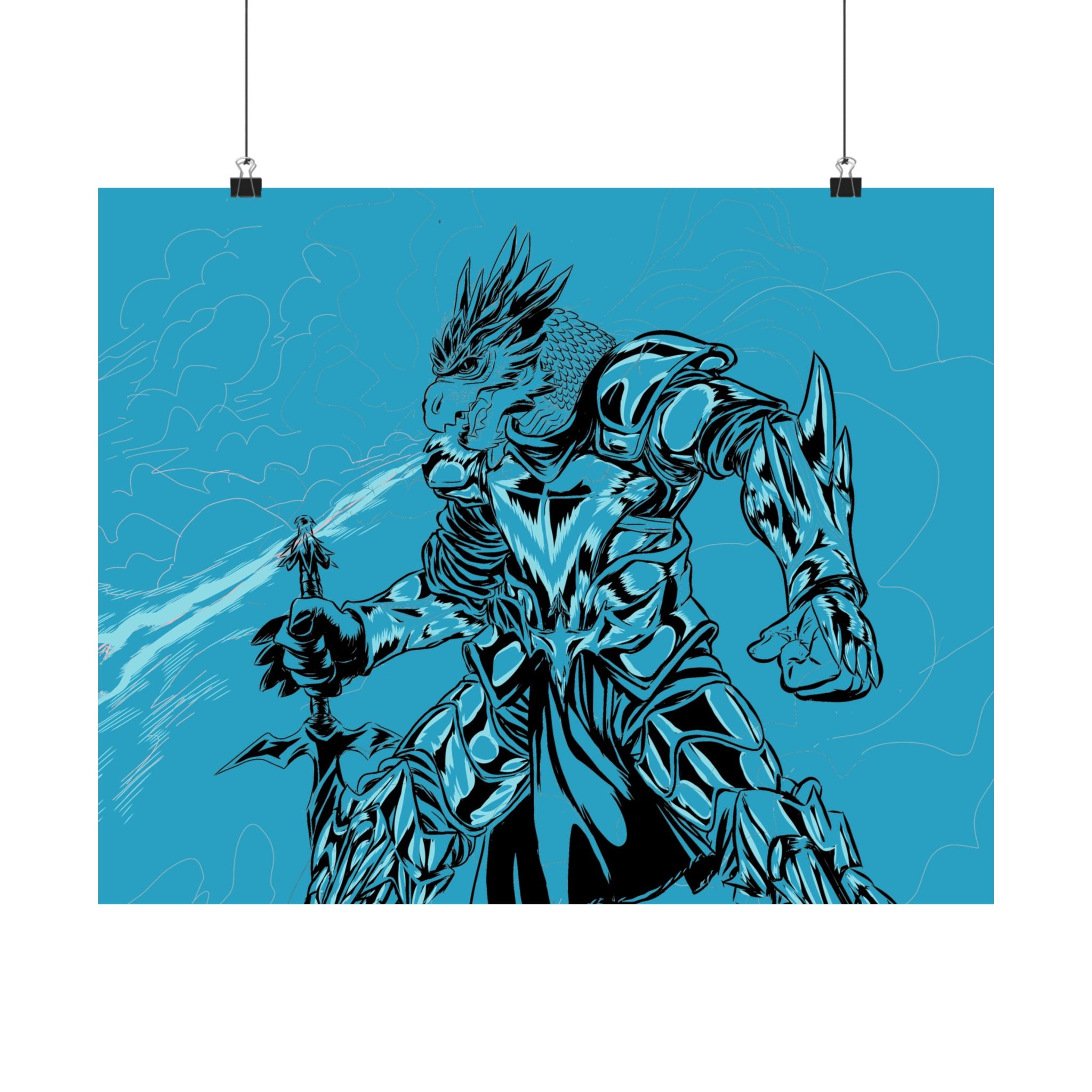Dragonborne Warrior Matte Poster — Blue Fantasy Knight Art Print