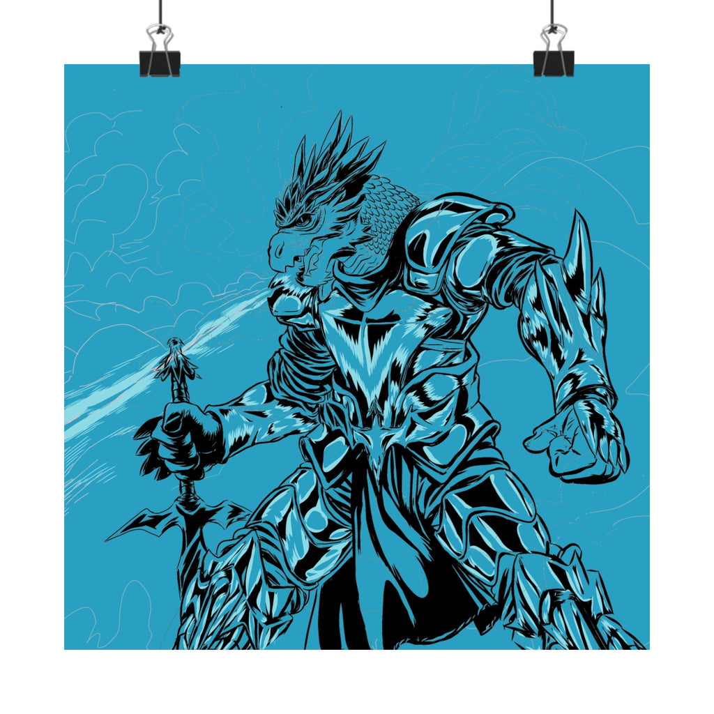 Dragonborne Warrior Matte Poster — Blue Fantasy Knight Art Print