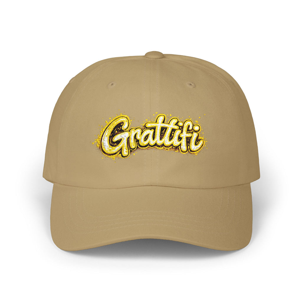 Gratitude Gold Script Dad Cap – White Embroidered 'Gratiti' Baseball Hat