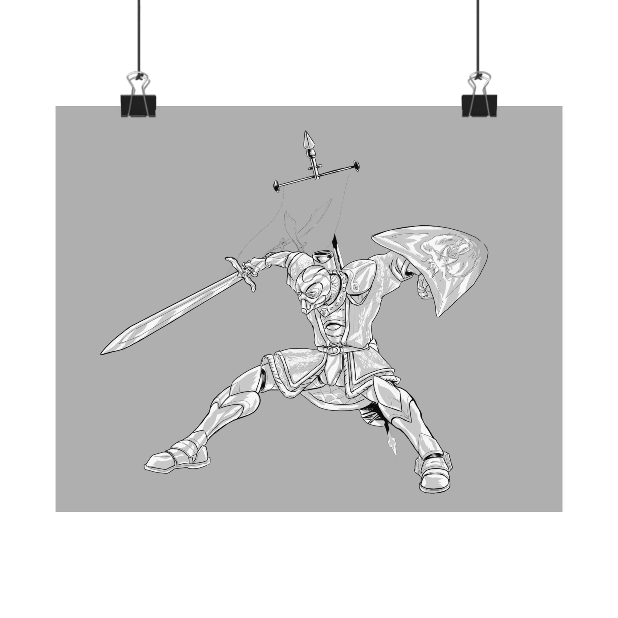 Mechanical Warrior Sketch Poster — Matte Horizontal Knight Sword & Shield Art Print