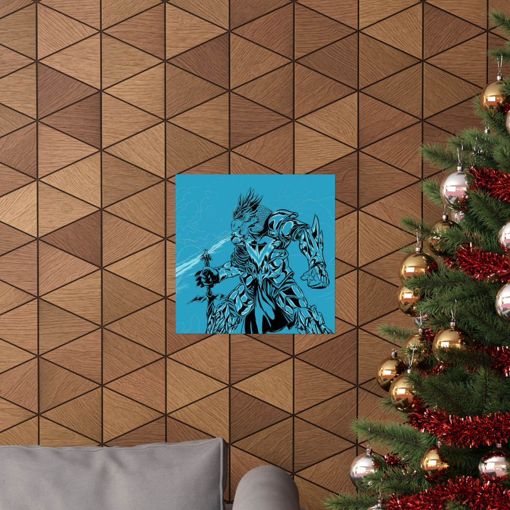 Dragonborne Warrior Matte Poster — Blue Fantasy Knight Art Print