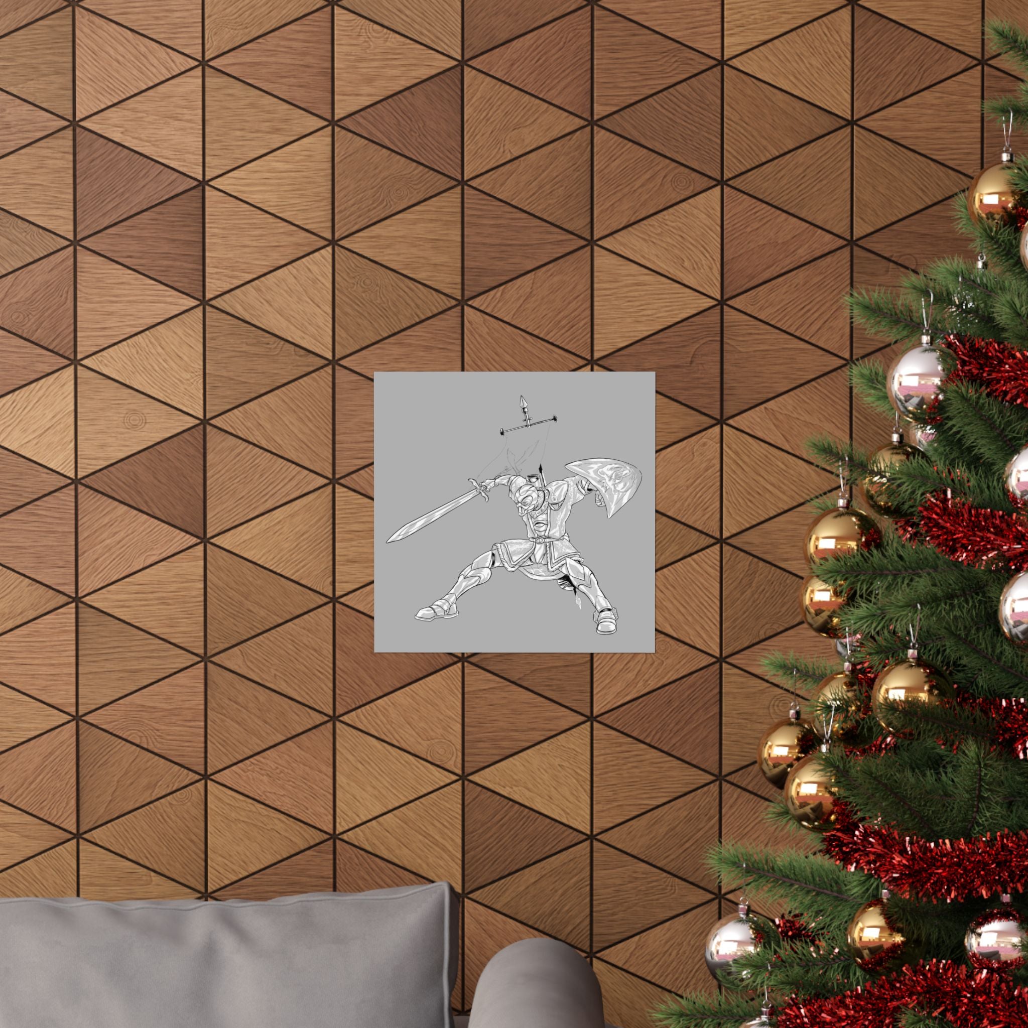 Mechanical Warrior Sketch Poster — Matte Horizontal Knight Sword & Shield Art Print