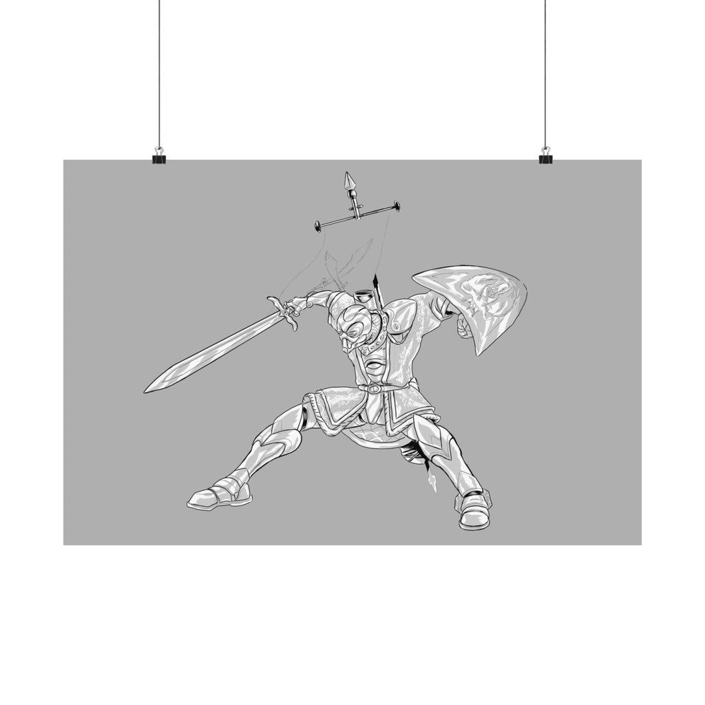 Mechanical Warrior Sketch Poster — Matte Horizontal Knight Sword & Shield Art Print