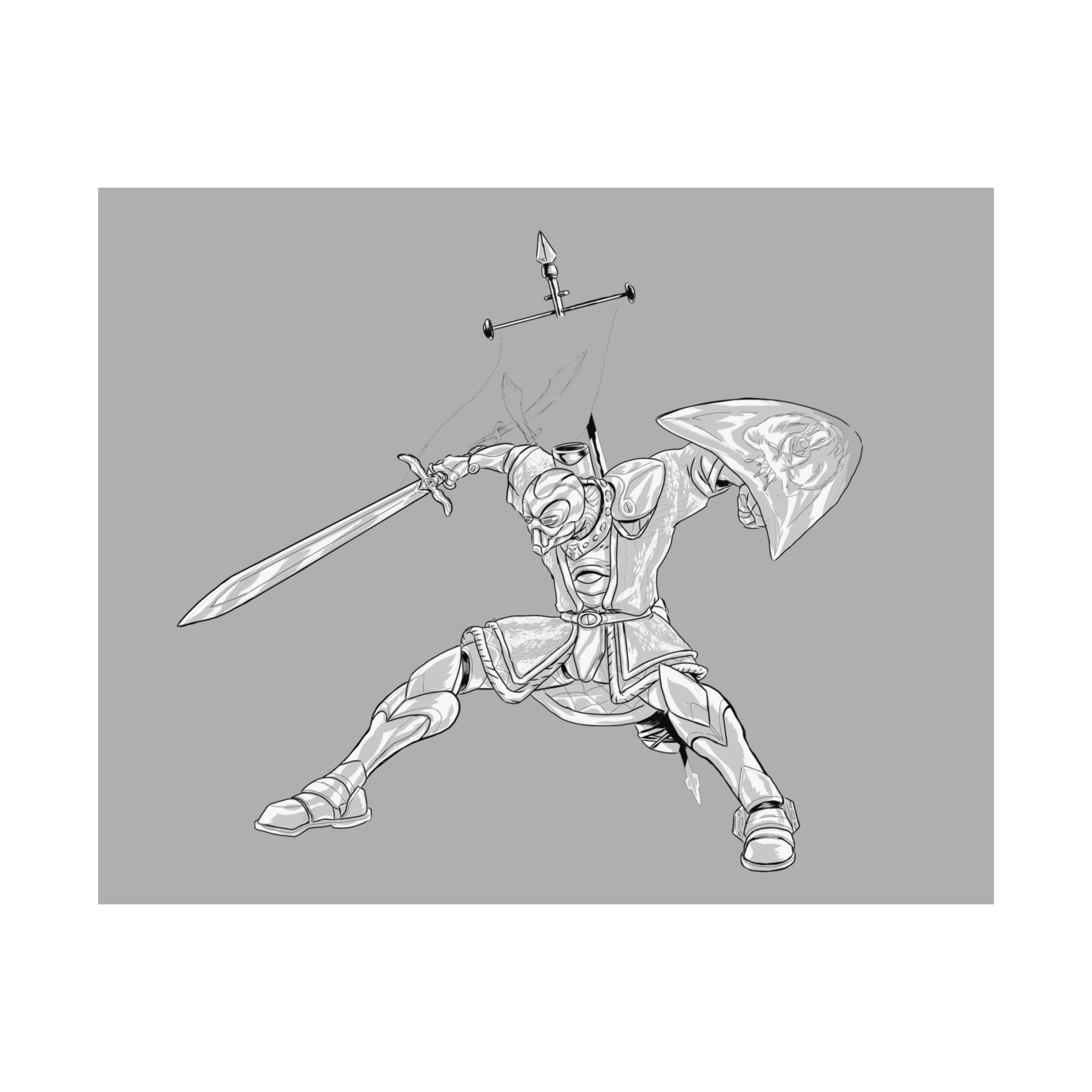 Mechanical Warrior Sketch Poster — Matte Horizontal Knight Sword & Shield Art Print