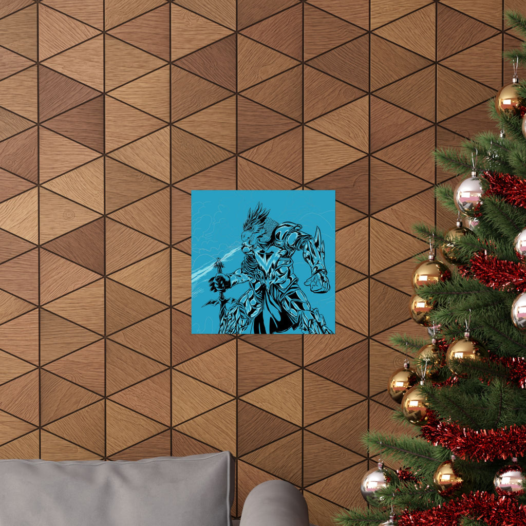 Dragonborne Warrior Matte Poster — Blue Fantasy Knight Art Print