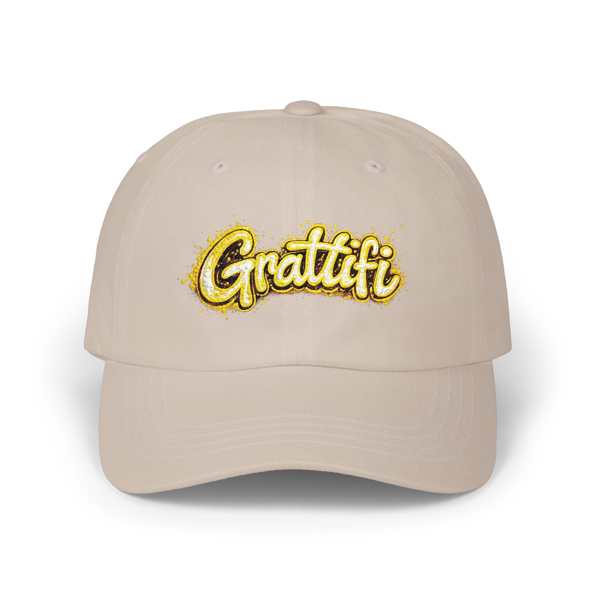 Gratitude Gold Script Dad Cap – White Embroidered 'Gratiti' Baseball Hat