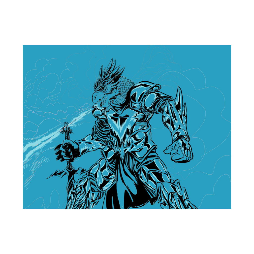 Dragonborne Warrior Matte Poster — Blue Fantasy Knight Art Print