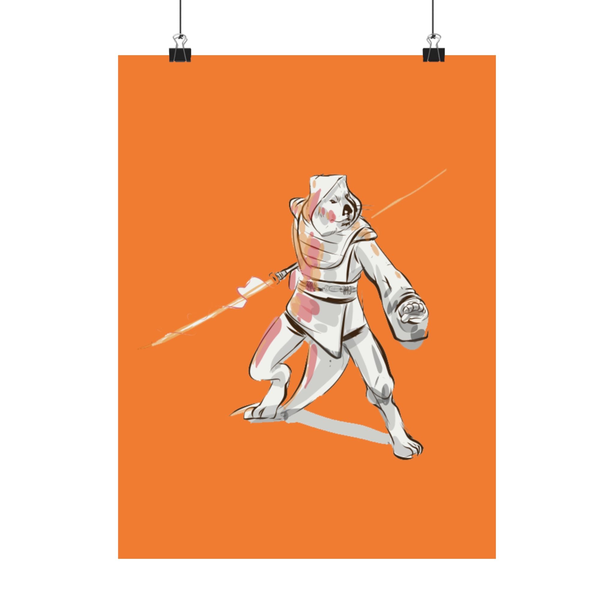 Sci‑Fantasy Warrior Poster — Orange Matte Vertical Art Print
