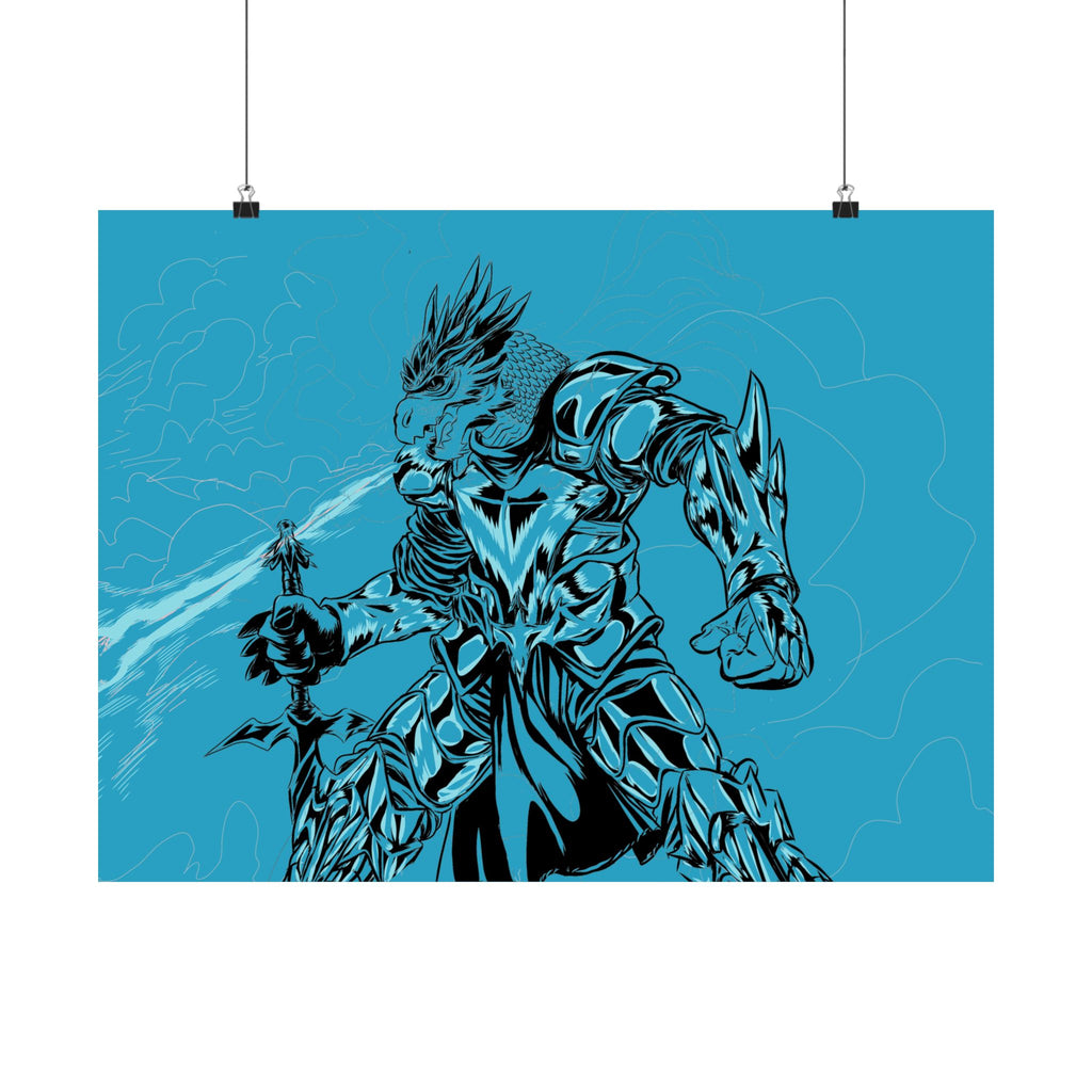 Dragonborne Warrior Matte Poster — Blue Fantasy Knight Art Print