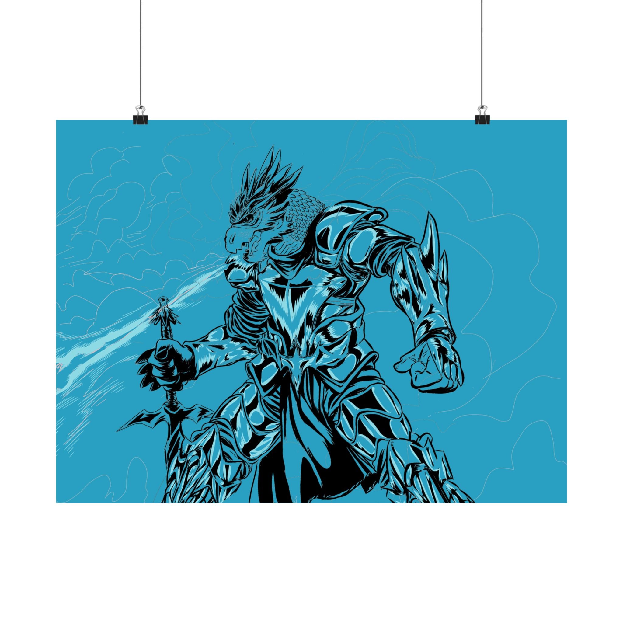 Dragonborne Warrior Matte Poster — Blue Fantasy Knight Art Print