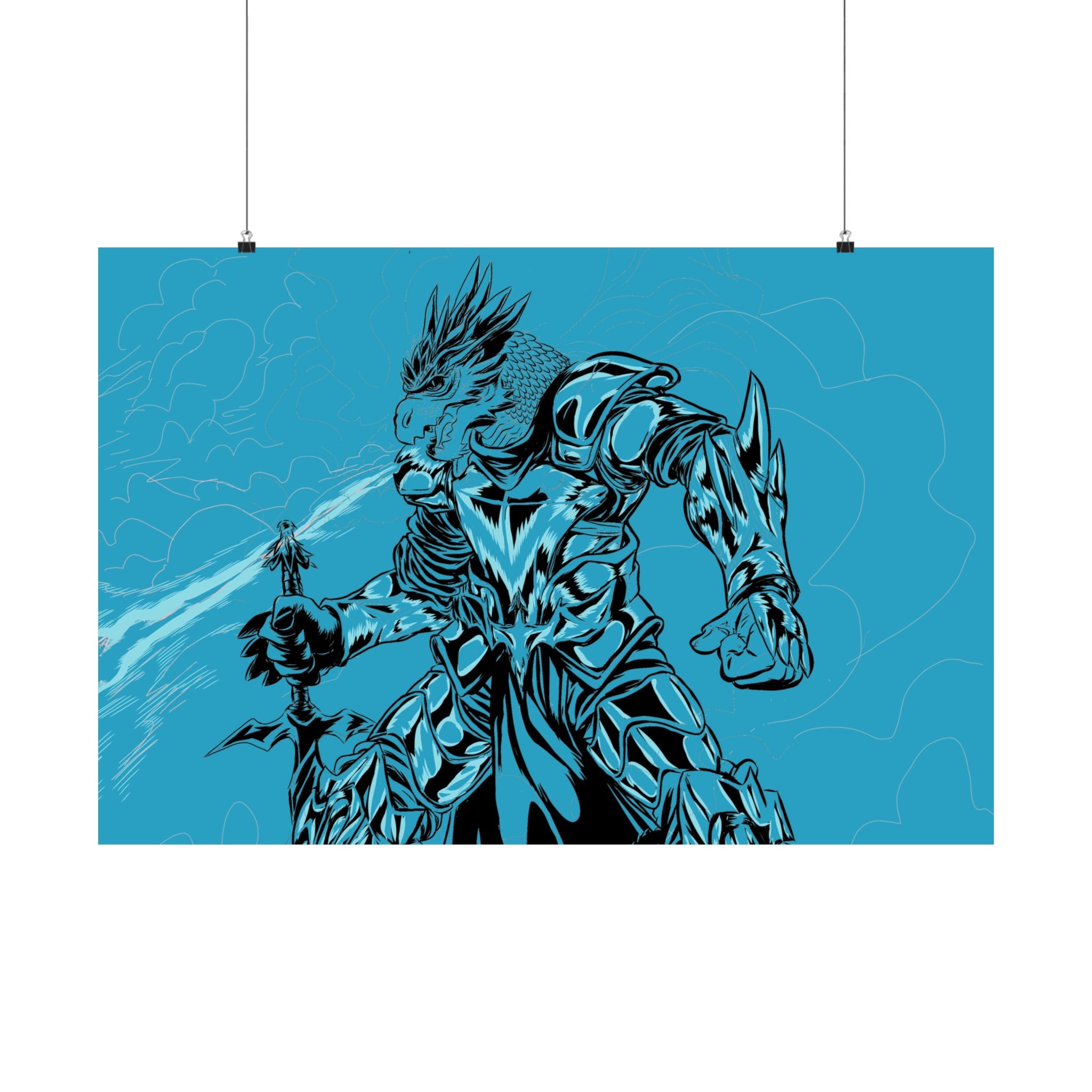 Dragonborne Warrior Matte Poster — Blue Fantasy Knight Art Print