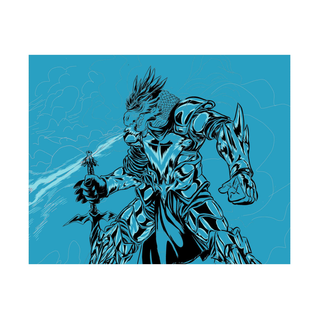 Dragonborne Warrior Matte Poster — Blue Fantasy Knight Art Print