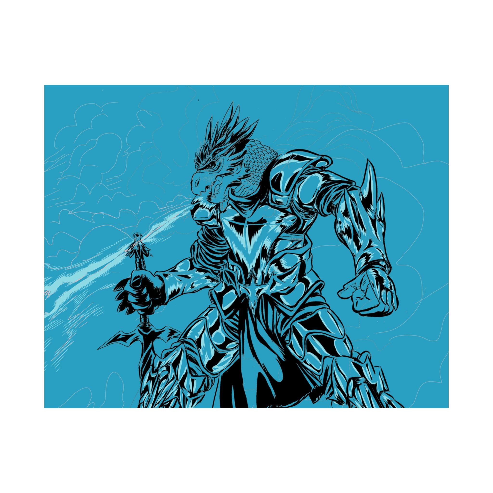 Dragonborne Warrior Matte Poster — Blue Fantasy Knight Art Print