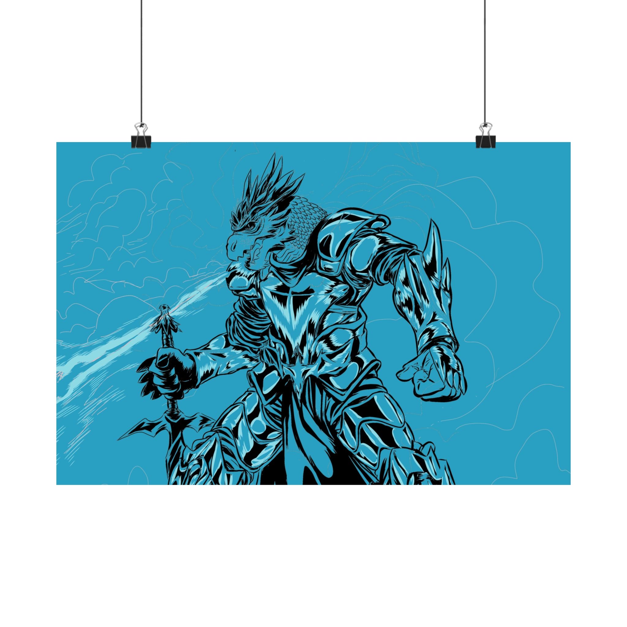 Dragonborne Warrior Matte Poster — Blue Fantasy Knight Art Print