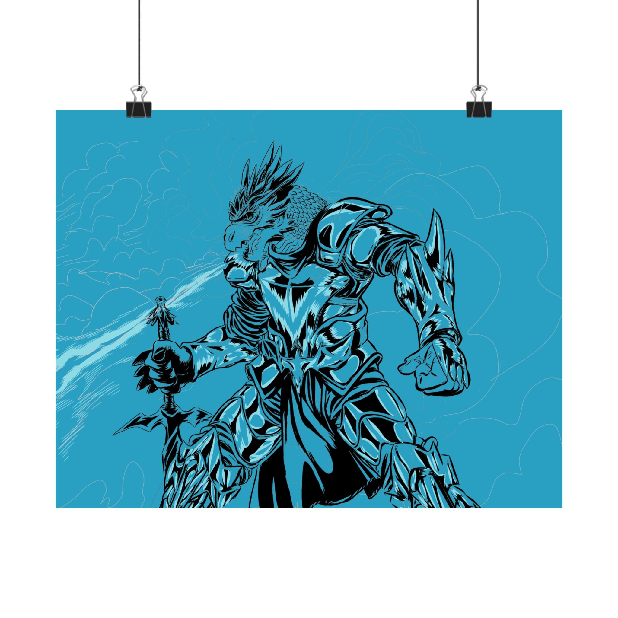Dragonborne Warrior Matte Poster — Blue Fantasy Knight Art Print