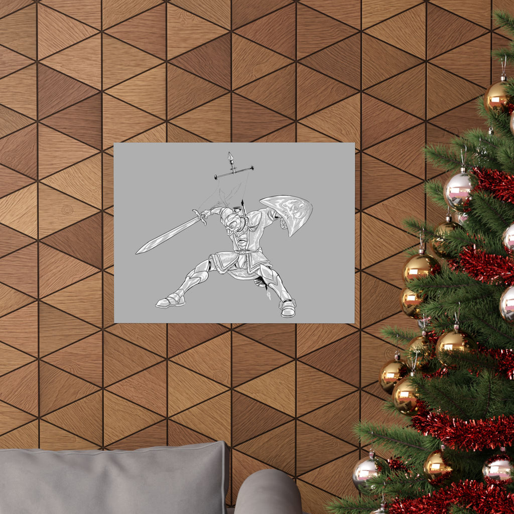 Mechanical Warrior Sketch Poster — Matte Horizontal Knight Sword & Shield Art Print