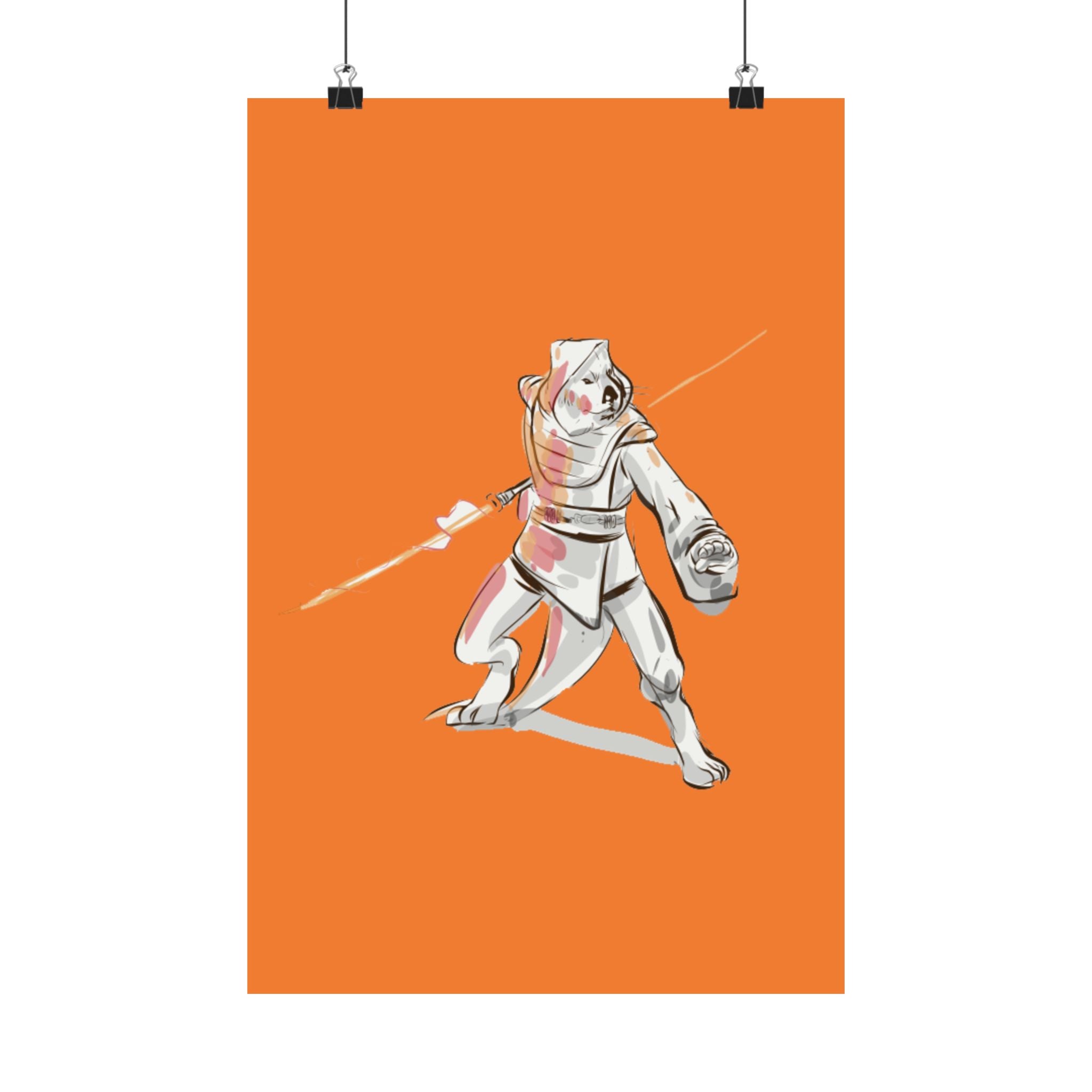 Sci‑Fantasy Warrior Poster — Orange Matte Vertical Art Print