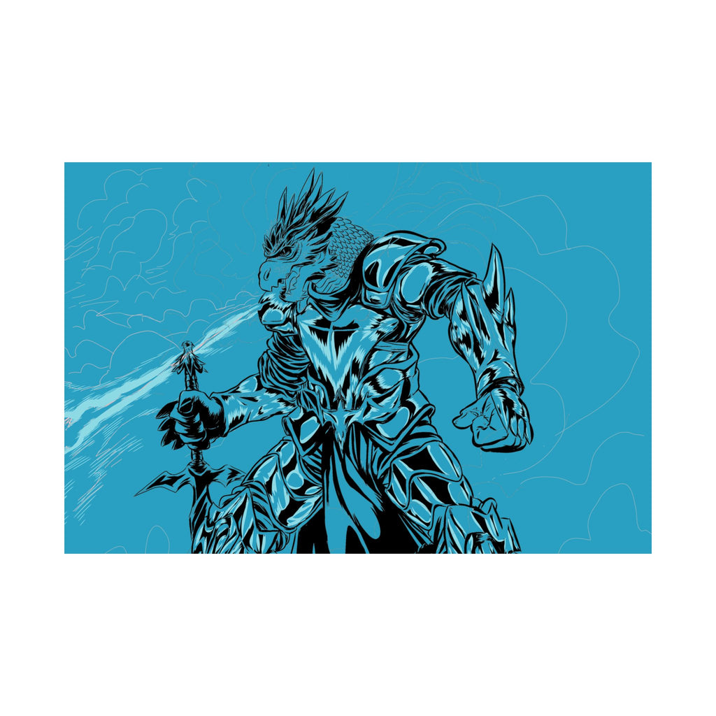 Dragonborne Warrior Matte Poster — Blue Fantasy Knight Art Print