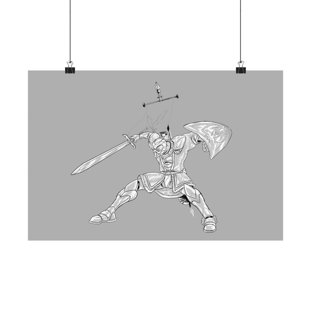 Mechanical Warrior Sketch Poster — Matte Horizontal Knight Sword & Shield Art Print