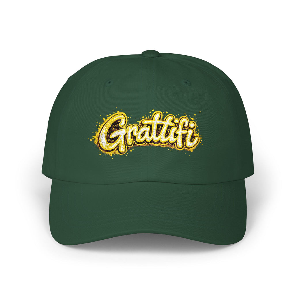 Gratitude Gold Script Dad Cap – White Embroidered 'Gratiti' Baseball Hat