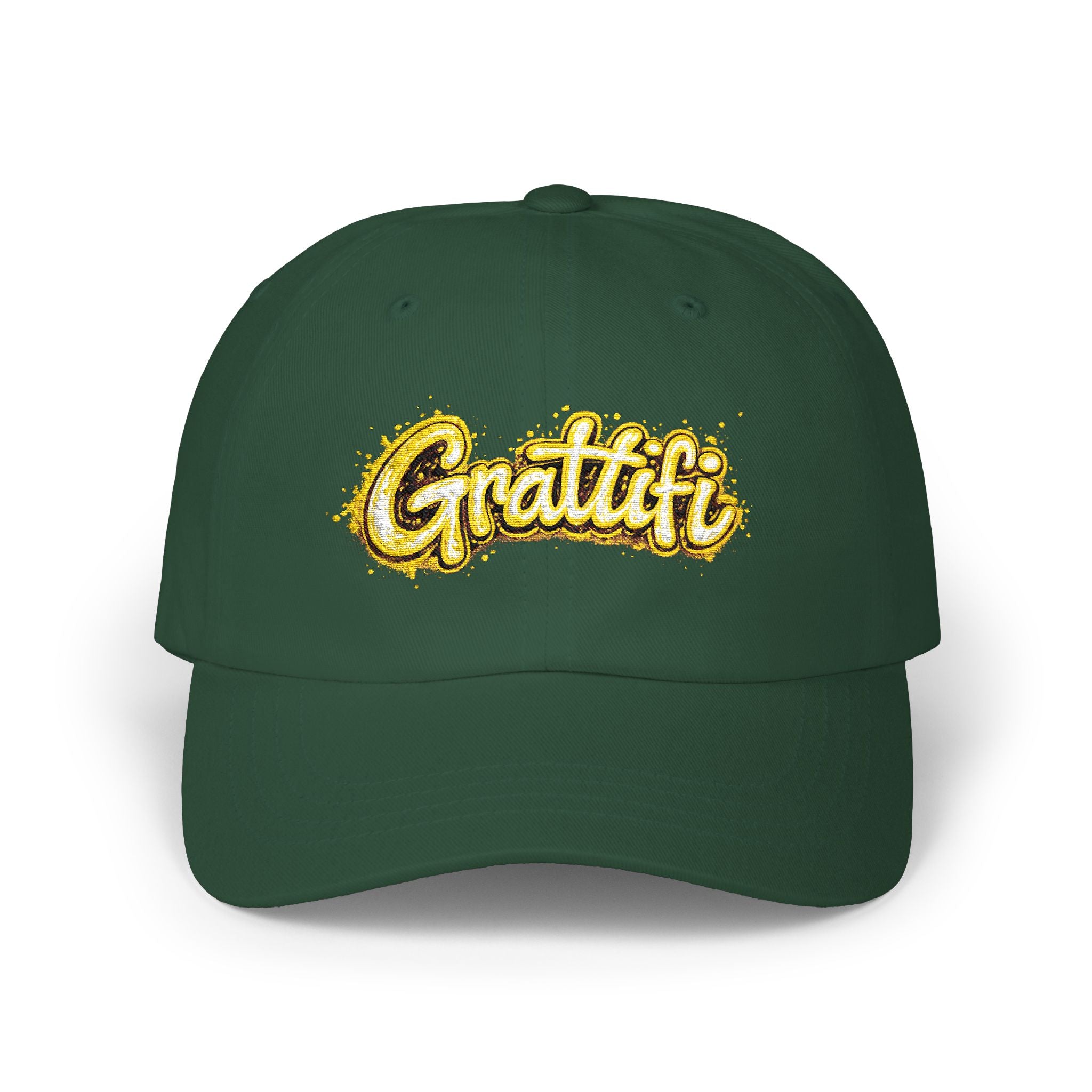 Gratitude Gold Script Dad Cap – White Embroidered 'Gratiti' Baseball Hat