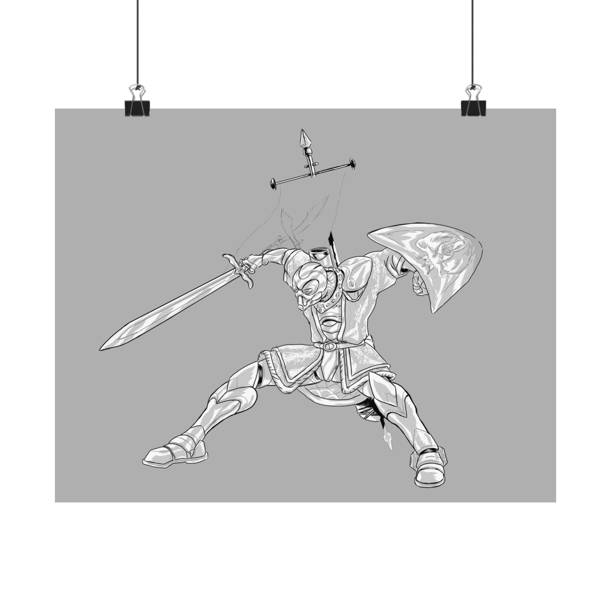 Mechanical Warrior Sketch Poster — Matte Horizontal Knight Sword & Shield Art Print