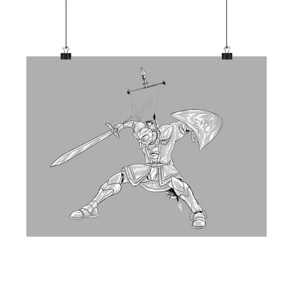 Mechanical Warrior Sketch Poster — Matte Horizontal Knight Sword & Shield Art Print