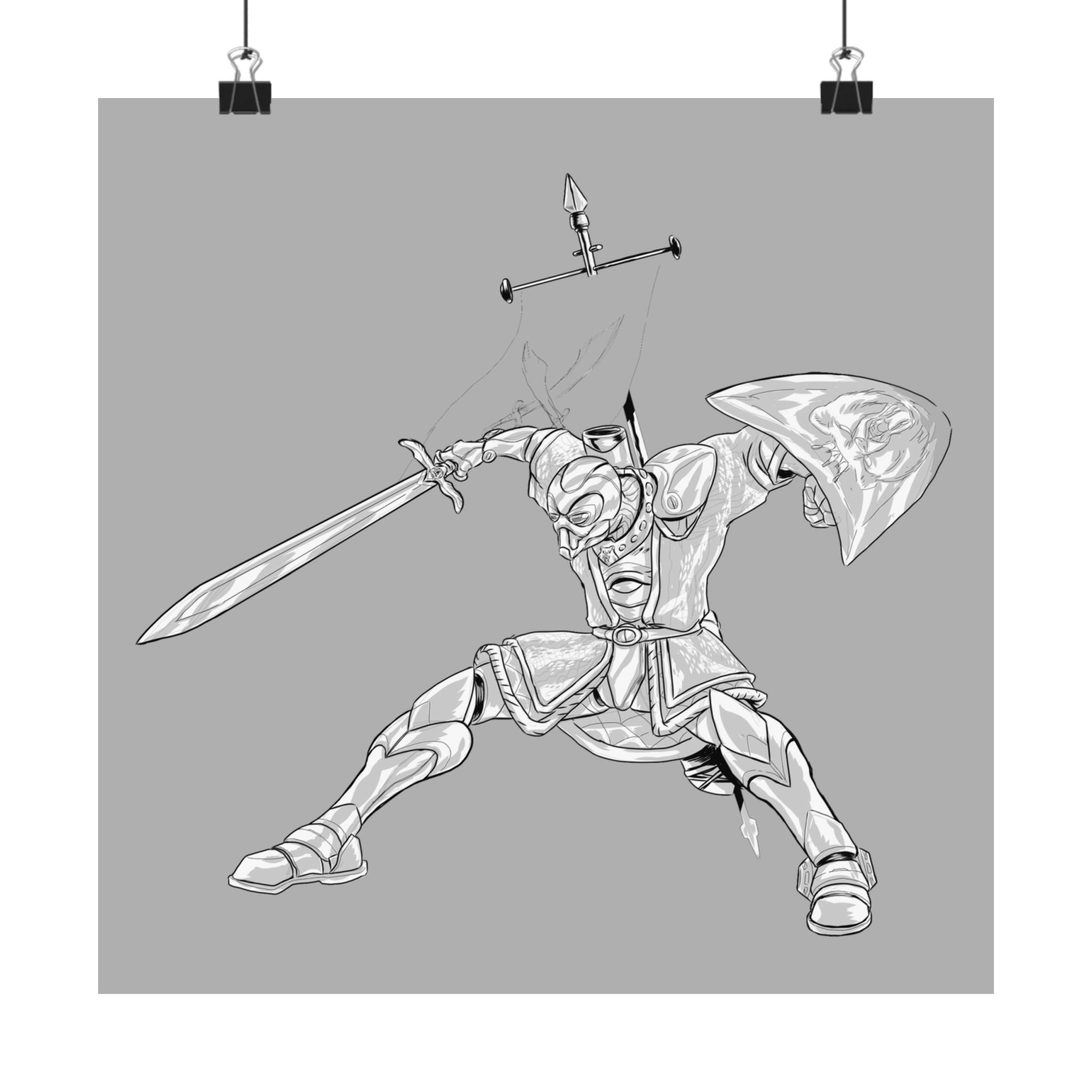 Mechanical Warrior Sketch Poster — Matte Horizontal Knight Sword & Shield Art Print