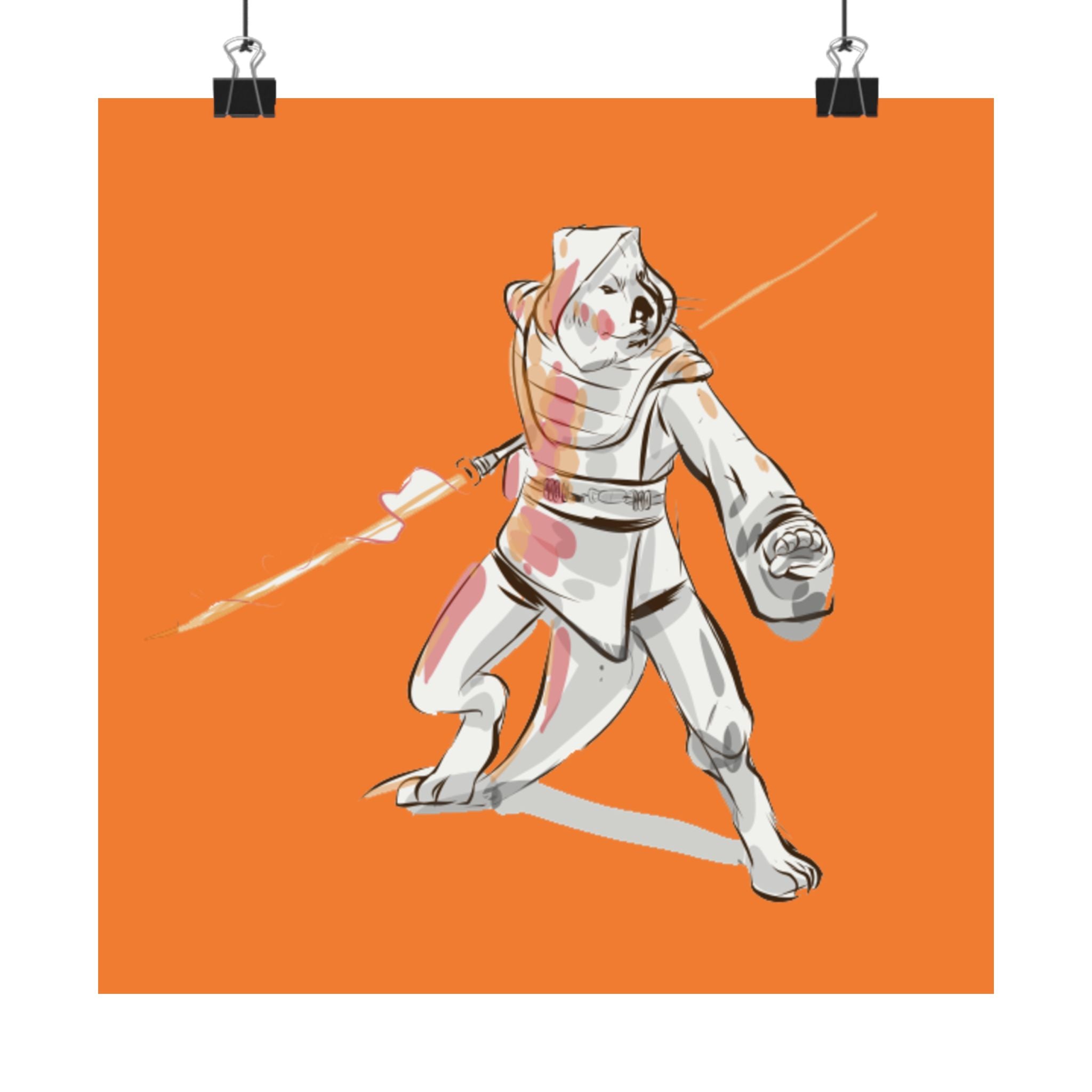 Sci‑Fantasy Warrior Poster — Orange Matte Vertical Art Print