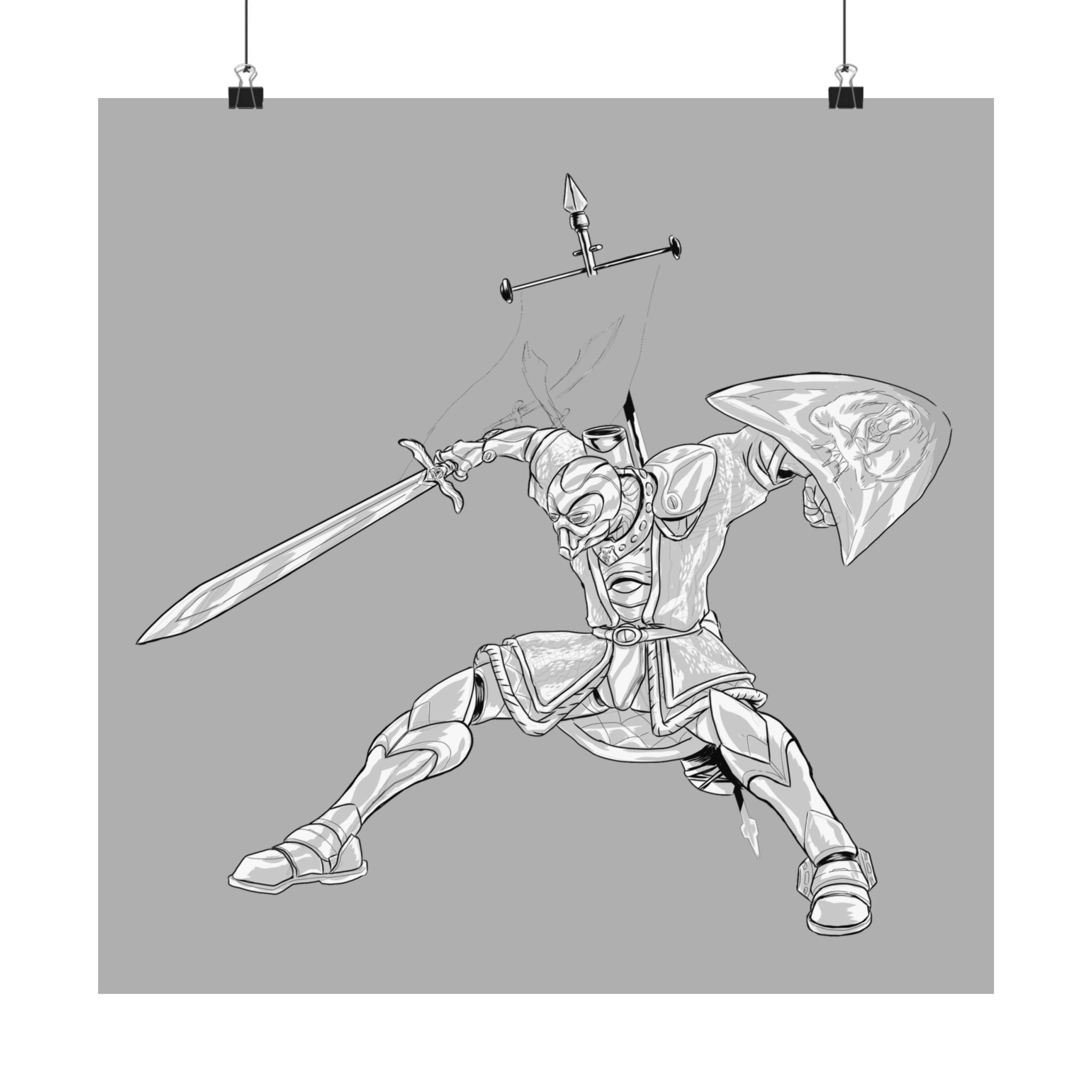Mechanical Warrior Sketch Poster — Matte Horizontal Knight Sword & Shield Art Print