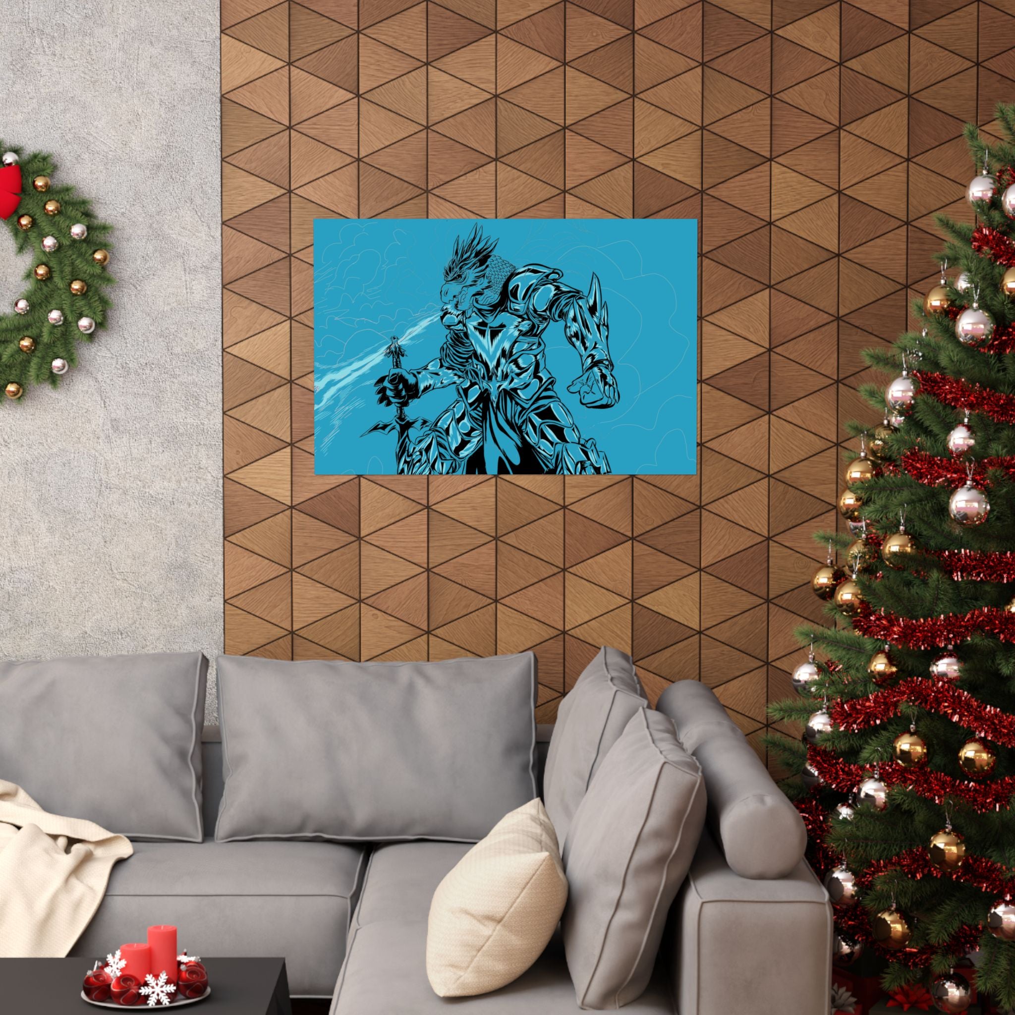 Dragonborne Warrior Matte Poster — Blue Fantasy Knight Art Print