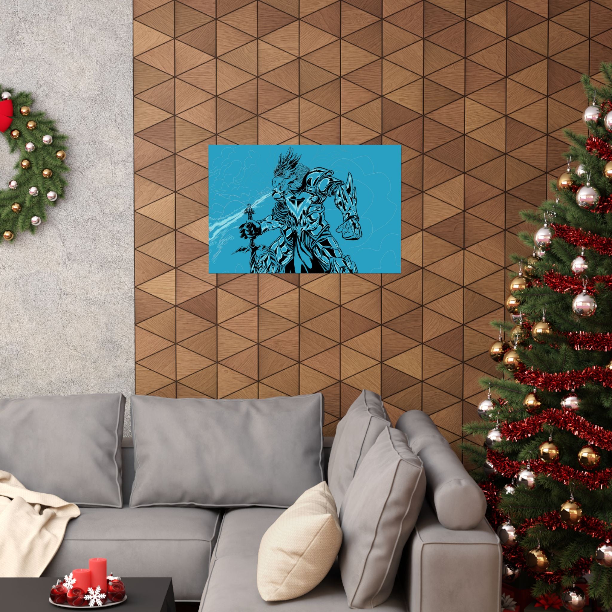 Dragonborne Warrior Matte Poster — Blue Fantasy Knight Art Print