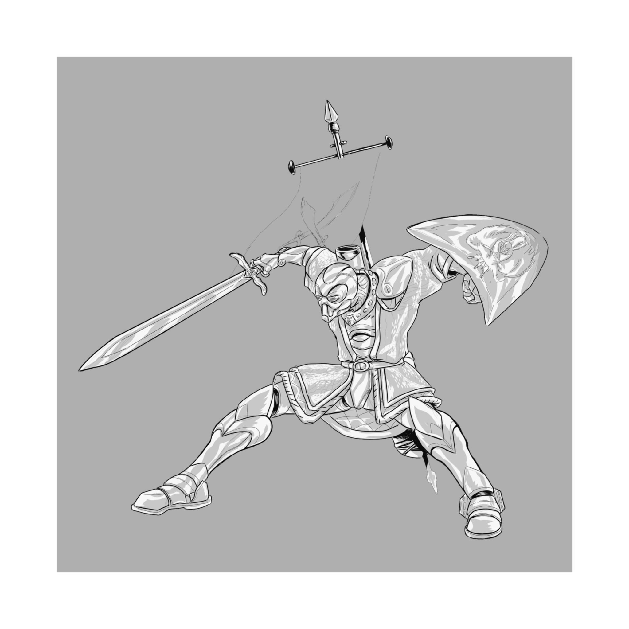 Mechanical Warrior Sketch Poster — Matte Horizontal Knight Sword & Shield Art Print
