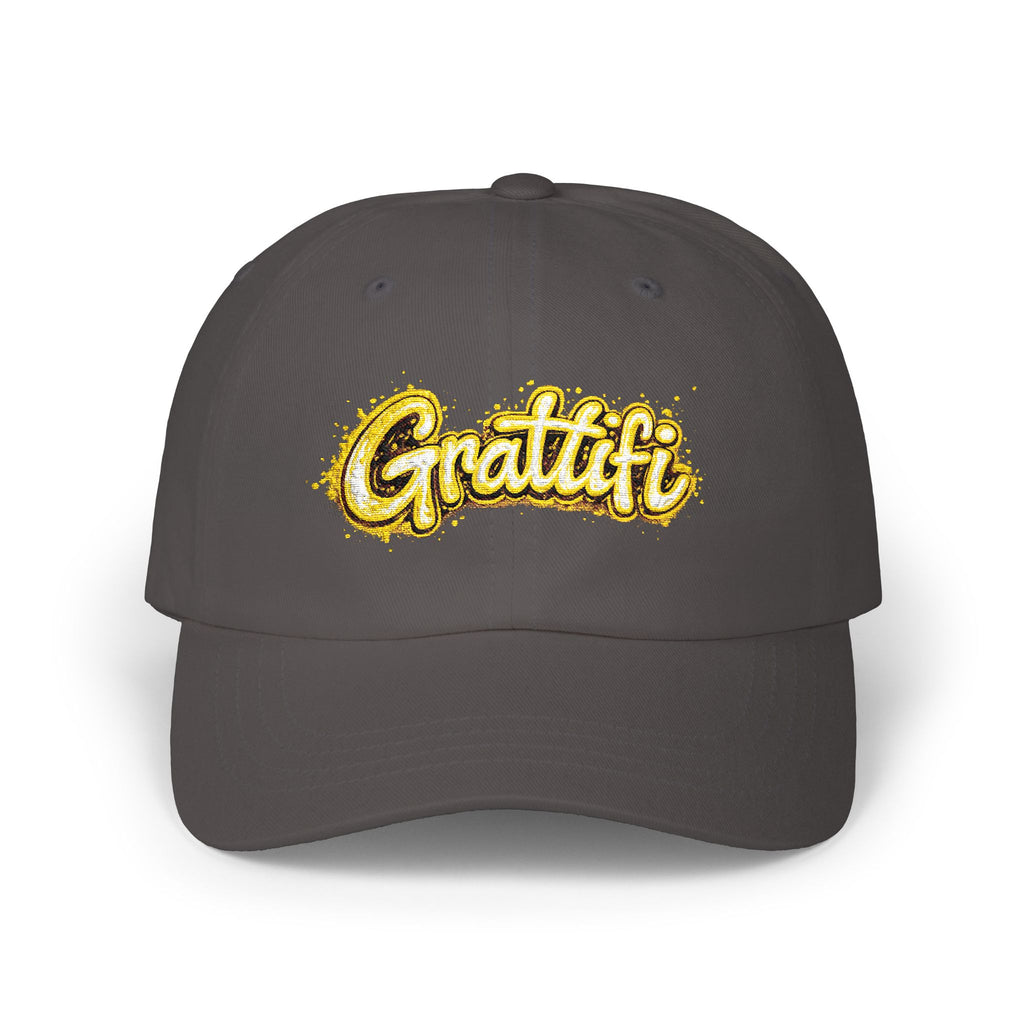 Gratitude Gold Script Dad Cap – White Embroidered 'Gratiti' Baseball Hat