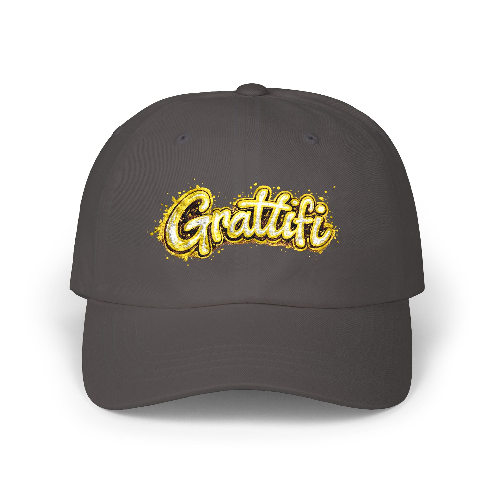 Gratitude Gold Script Dad Cap – White Embroidered 'Gratiti' Baseball Hat