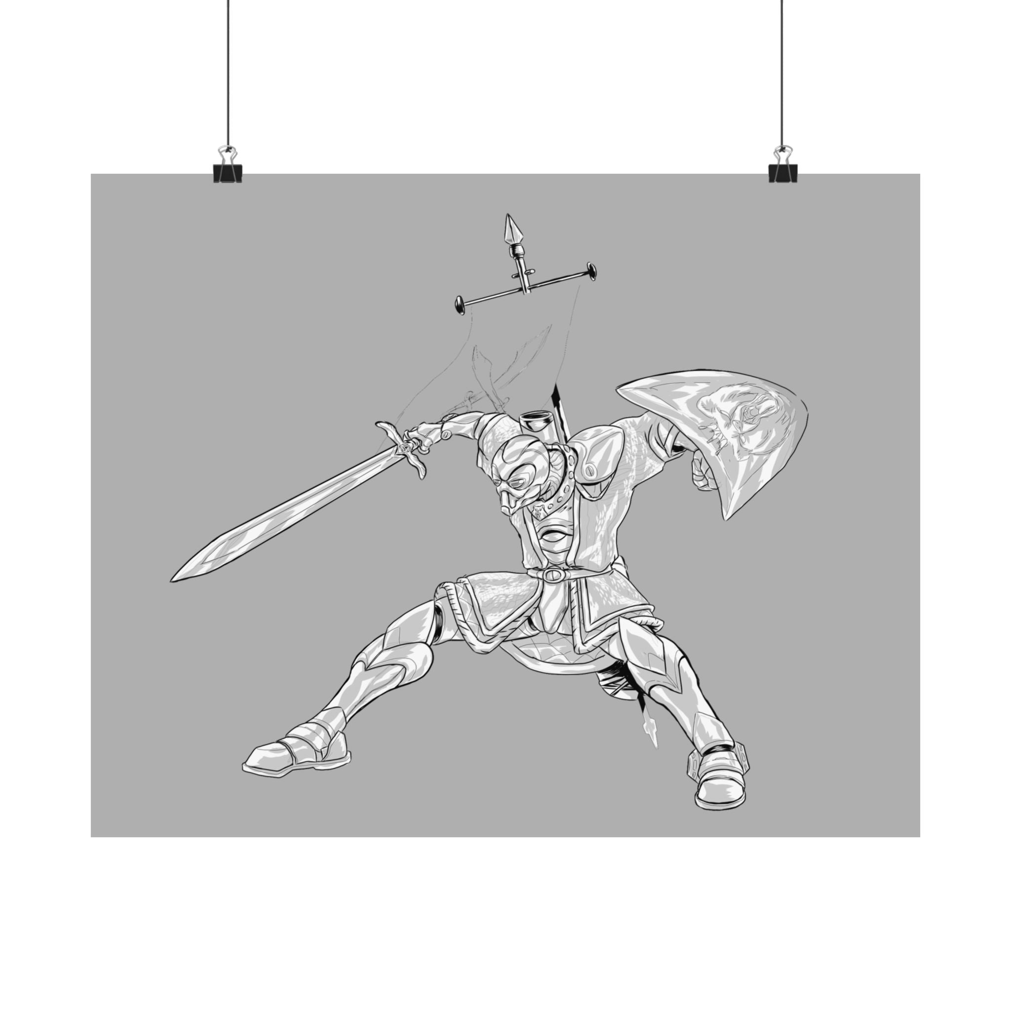 Mechanical Warrior Sketch Poster — Matte Horizontal Knight Sword & Shield Art Print