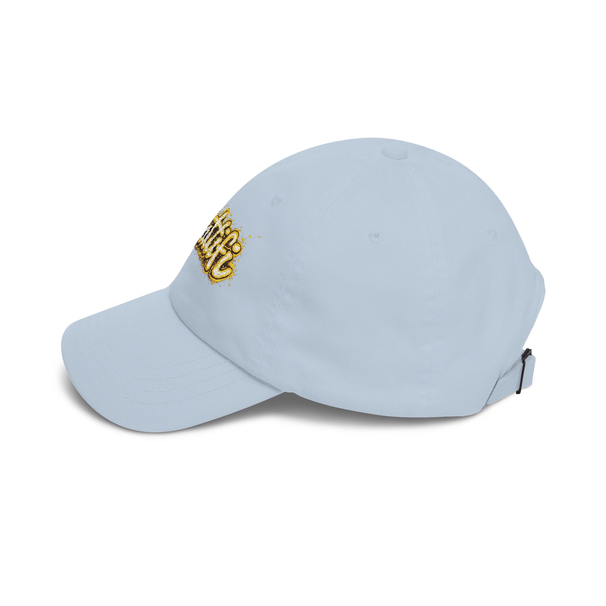Gratitude Gold Script Dad Cap – White Embroidered 'Gratiti' Baseball Hat