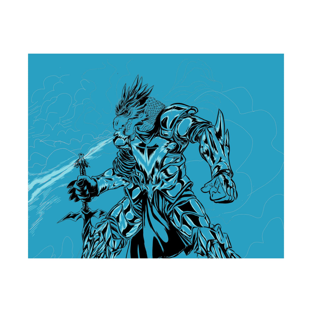 Dragonborne Warrior Matte Poster — Blue Fantasy Knight Art Print
