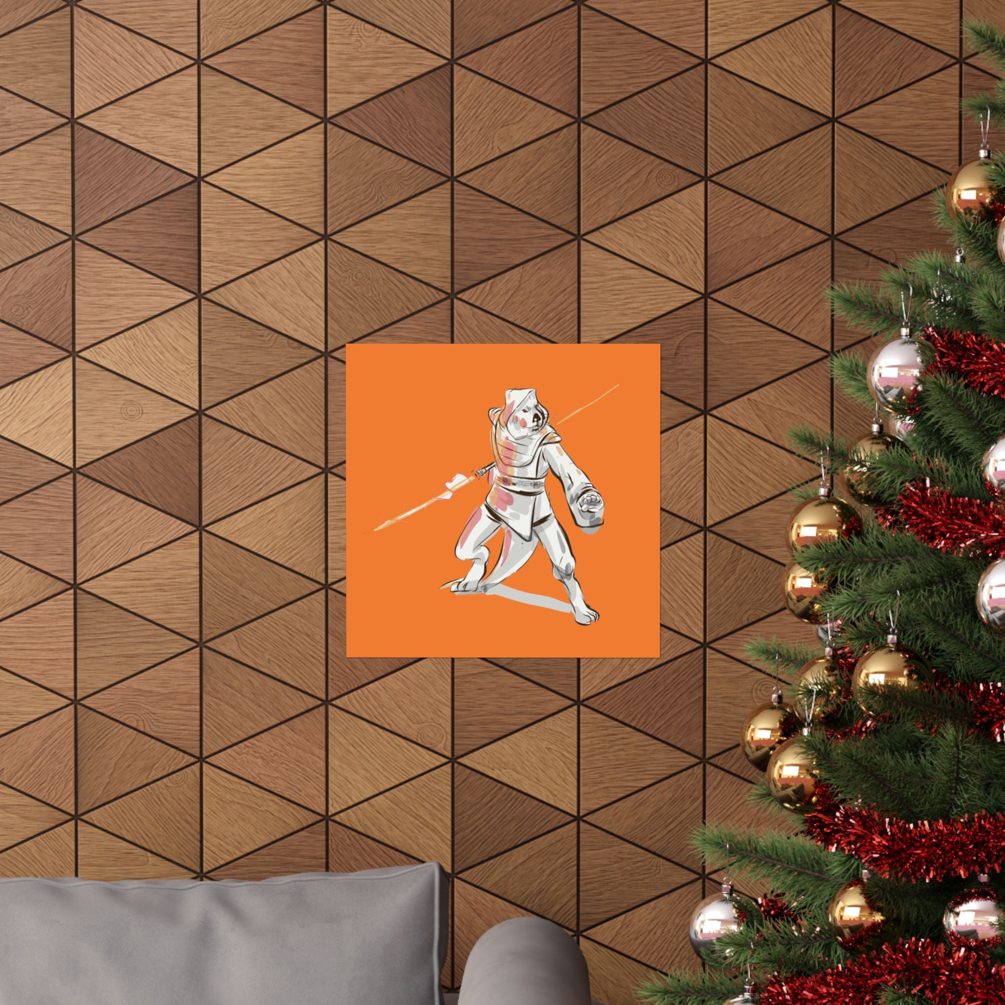 Sci‑Fantasy Warrior Poster — Orange Matte Vertical Art Print