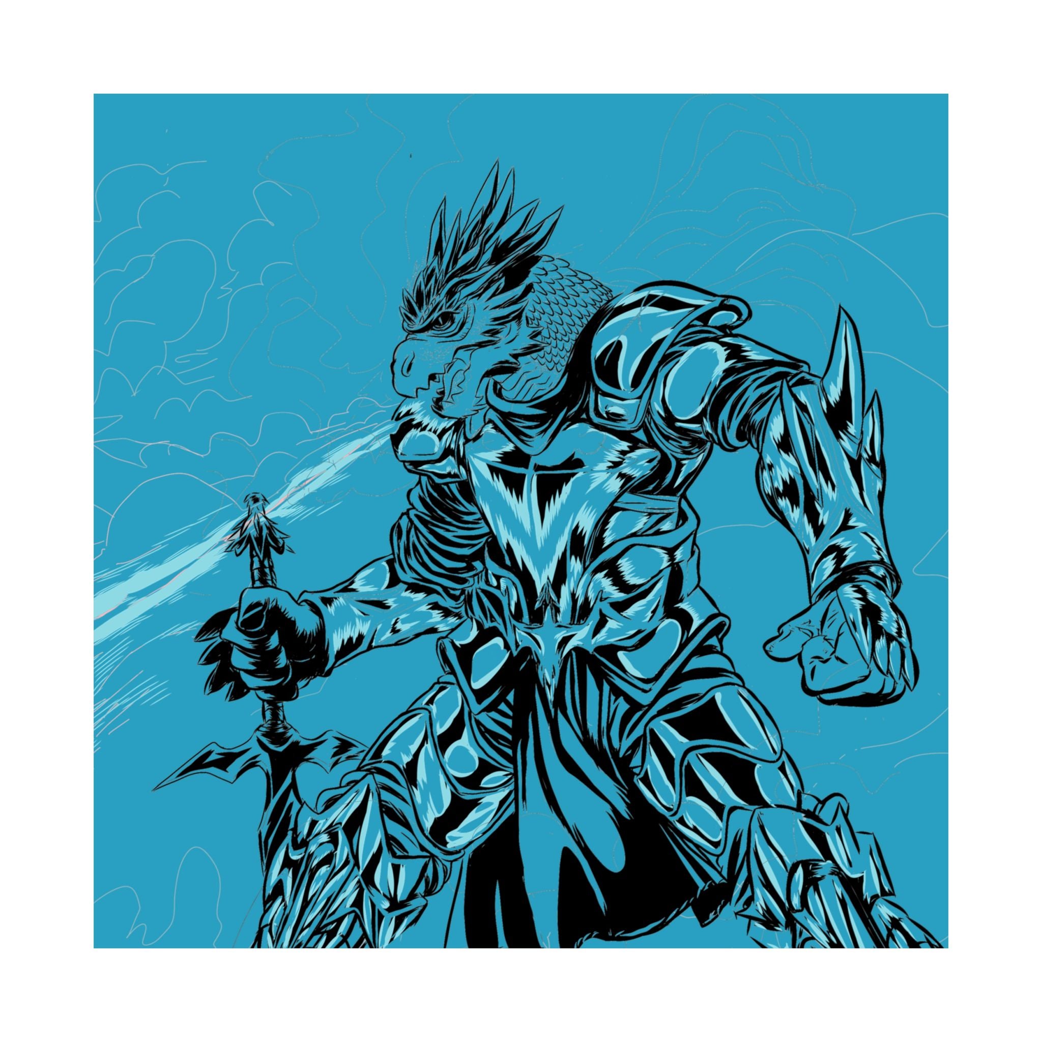 Dragonborne Warrior Matte Poster — Blue Fantasy Knight Art Print