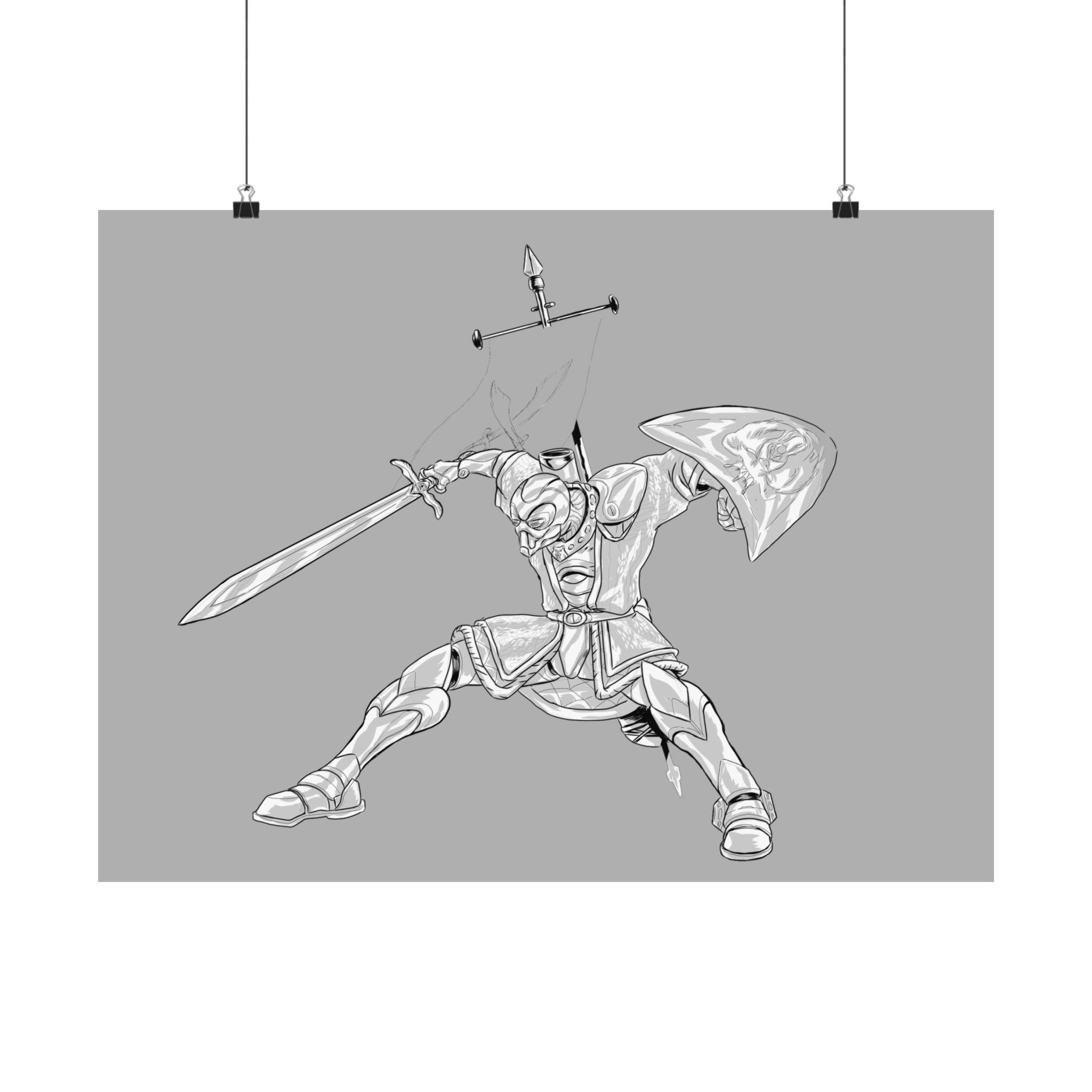 Mechanical Warrior Sketch Poster — Matte Horizontal Knight Sword & Shield Art Print