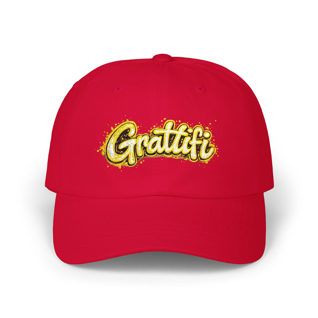 Gratitude Gold Script Dad Cap – White Embroidered 'Gratiti' Baseball Hat