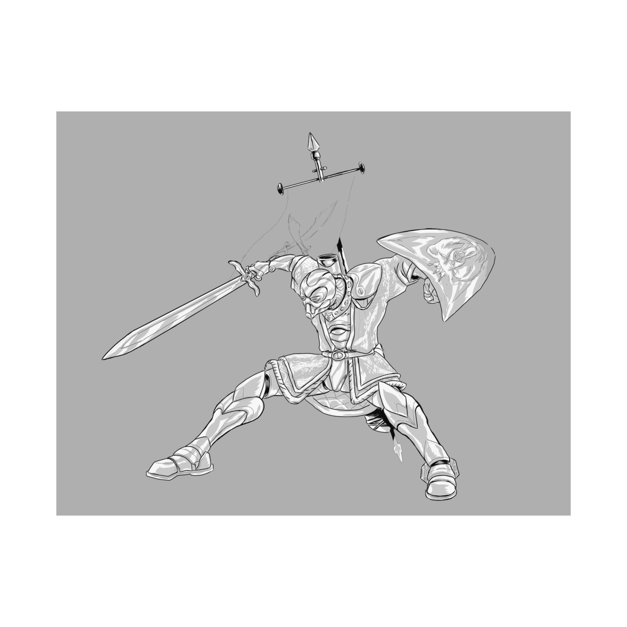 Mechanical Warrior Sketch Poster — Matte Horizontal Knight Sword & Shield Art Print