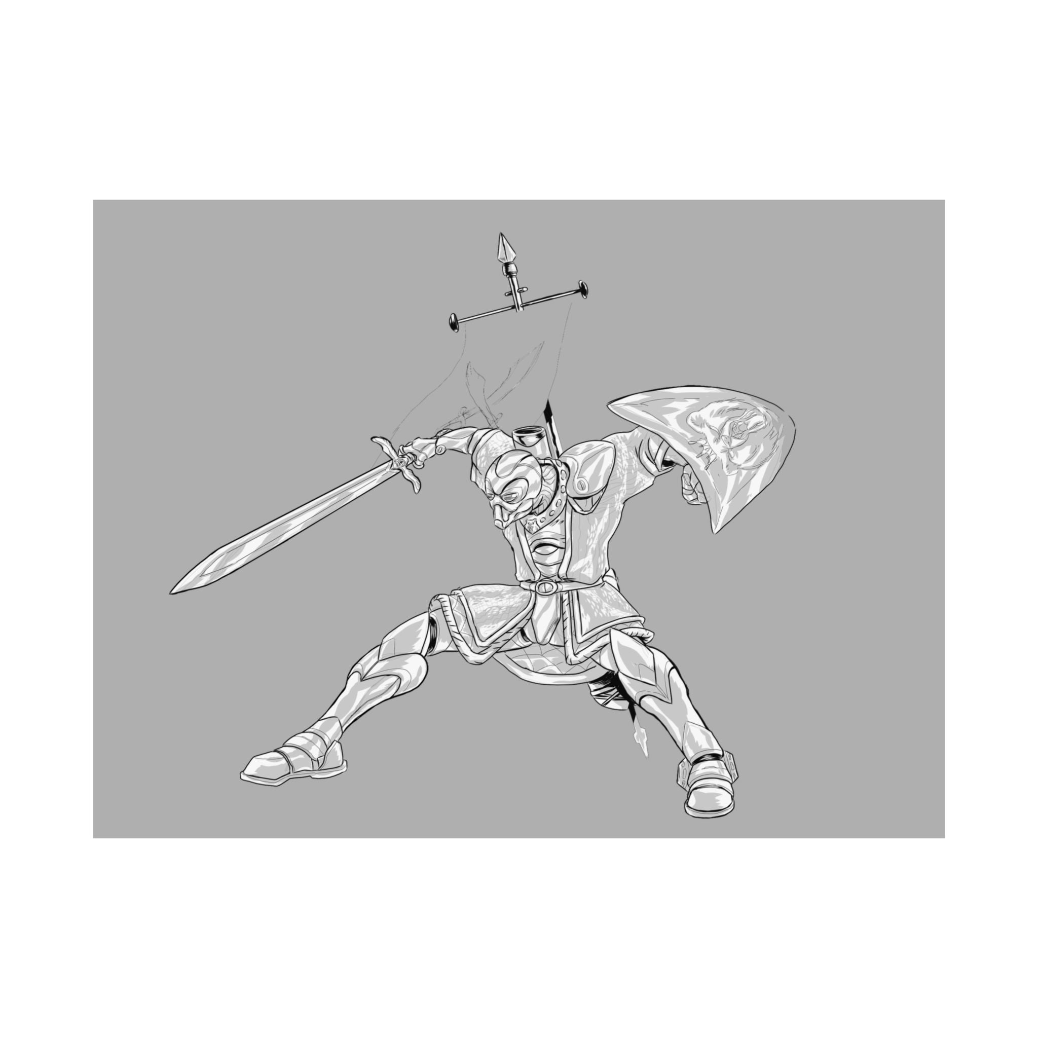 Mechanical Warrior Sketch Poster — Matte Horizontal Knight Sword & Shield Art Print