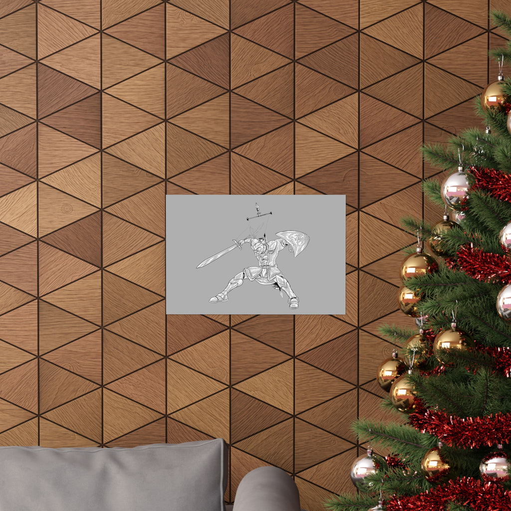 Mechanical Warrior Sketch Poster — Matte Horizontal Knight Sword & Shield Art Print